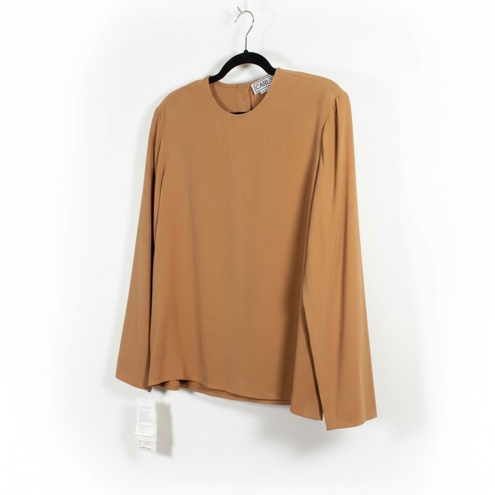 Carlisle Vintage 100% Silk Blouse Long Sleeve Camel Tan Size 14 NWT